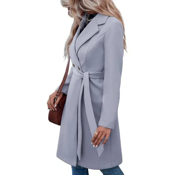 Womens Grey Pea Notched Lapel Double Breasted Business Casual Trench Coats - Picture 4 of 5